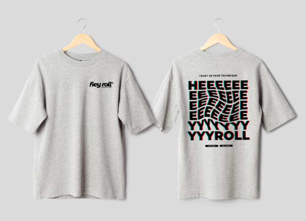 A camiseta Heyroll cinza mescla transmite a vibrante energia do tatame. Estilo e personalidade em cada costura, capturando a essência única da marca HeyRoll.